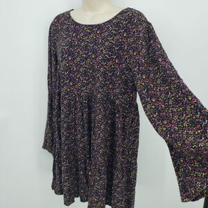 Short Prairie Dress Black Purple Floral Long Sleeves Pullover